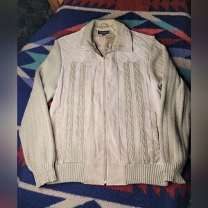Adolfo Suede Leather Cable Knit Jacket Mens Large Beige Tan Bomber Full Zip